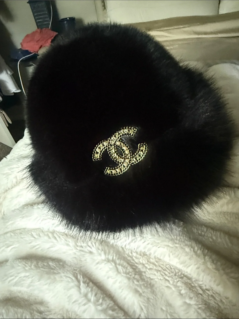 Black Fur Hat with Gold Chain CC Emblem